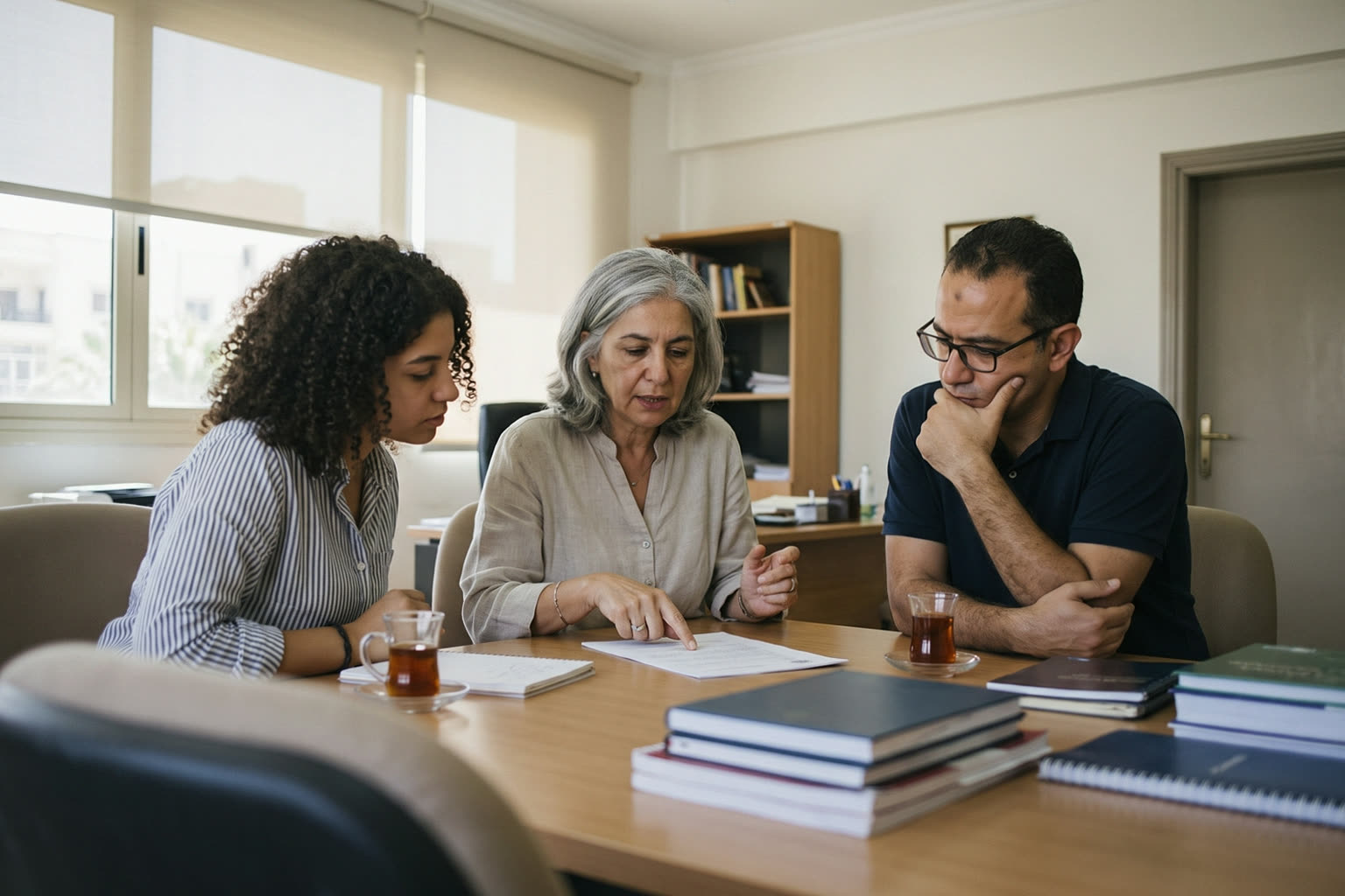 Three academic coordinators, two women and a man, reviewing curriculum papers at a meeting table