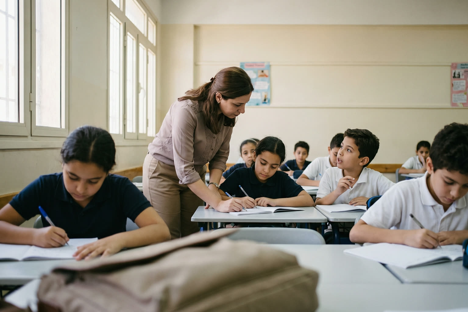 A woman teacher bending to look at a pupil's work as the class writes in their exercise books