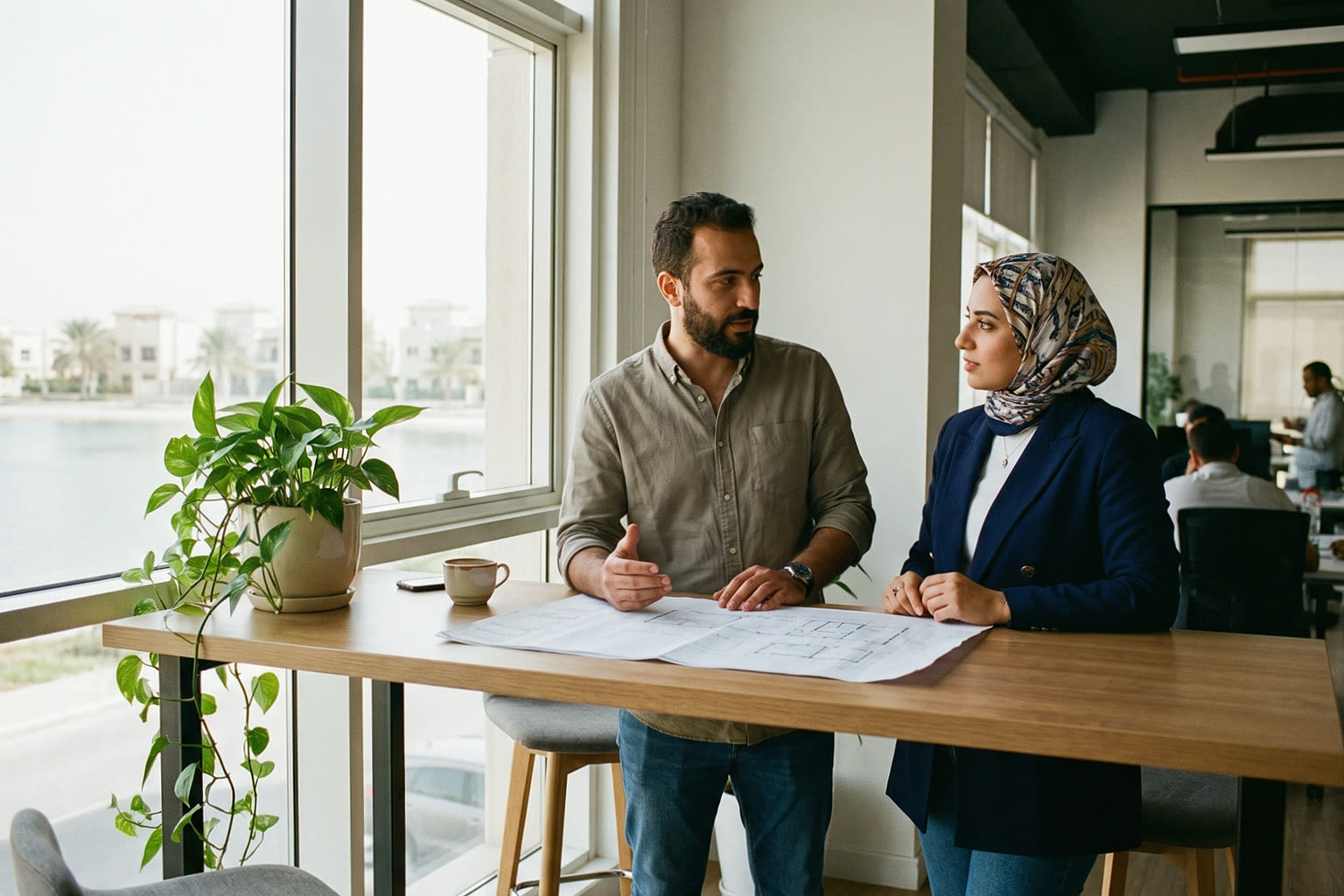 A man and a woman, colleagues, going through a plan by the window of the Sharjah office