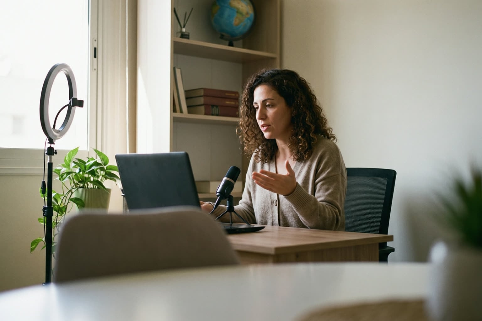 A woman teacher giving a live online lesson from a small studio room at school