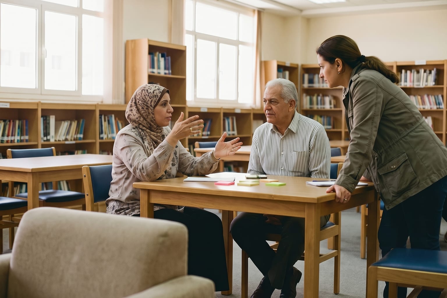 Three teachers, two women and a man, working through a session plan at a table in the school library